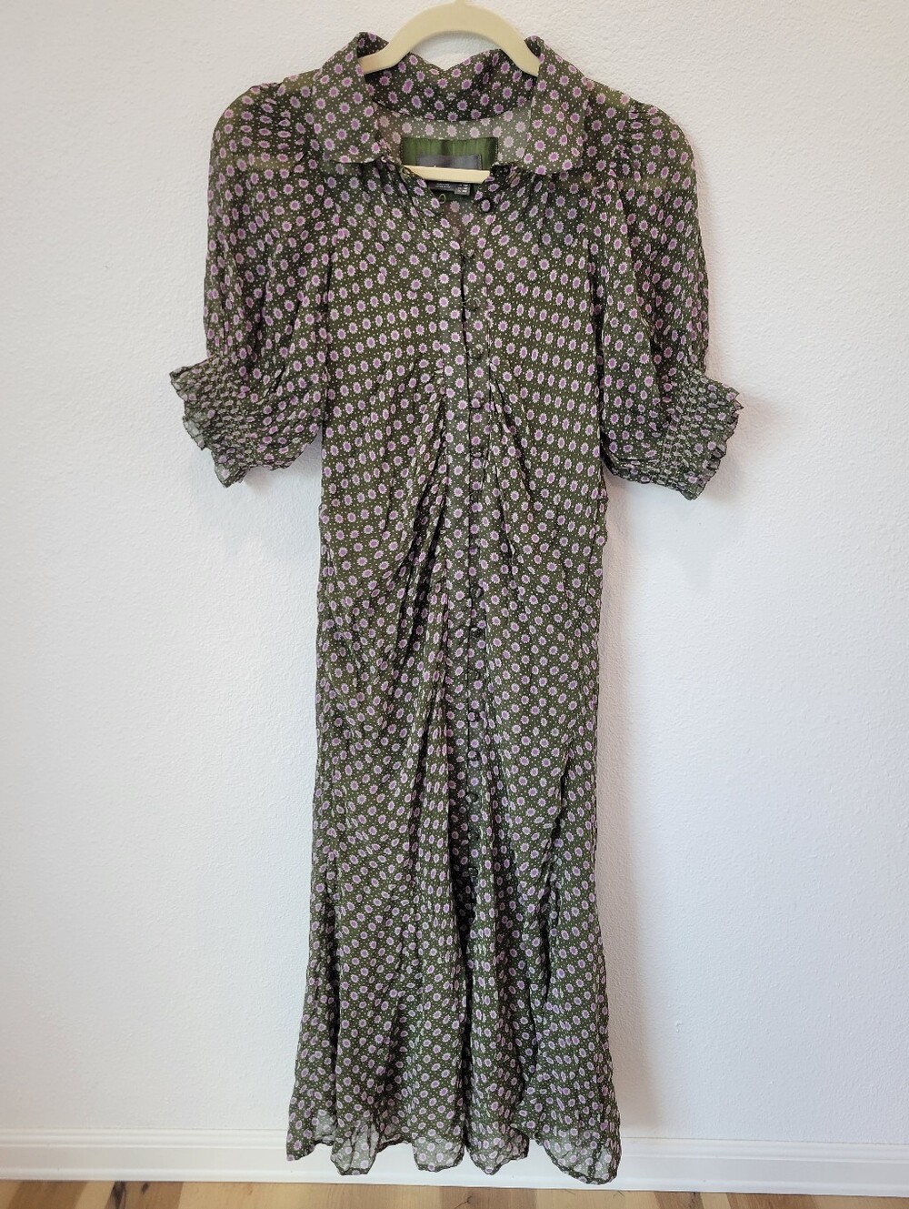 Anthropologie Puff Sleeve Ruched Mesh Midi Shirt Dress Womens 10P Floral